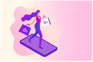 0% interest free online shopping, happy woman holding shopping bags using credit card on smartphone vector illustration