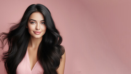 Beautiful girl with long black hair, Treatment, care and spa procedures. - obrazy, fototapety, plakaty