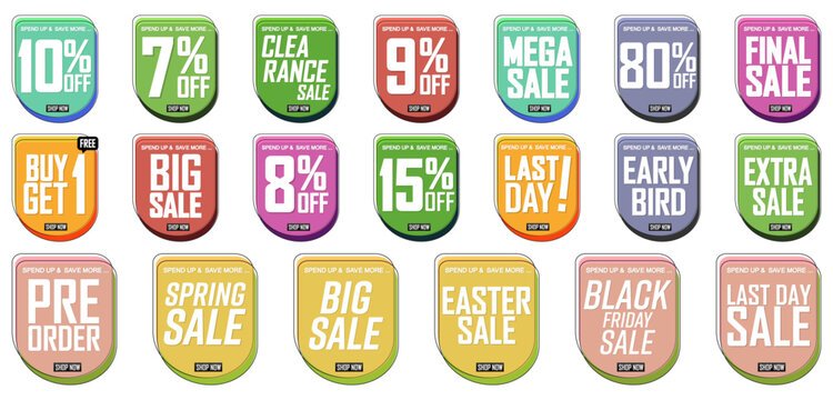 Sale banners design template, discount tags. Set promo icons for online stores, vector illustration