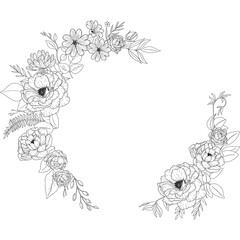 Handdrawn floral wreath, outline drawing wreath