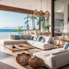 Villa styled outdoor living room with Hawaiian vacation themed vibes. Created using generative AI