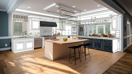 Vivid 3D Rendered Kitchen: Bridging Architectural Design Blueprints with Realistic Illustrations for Interior Inspiration