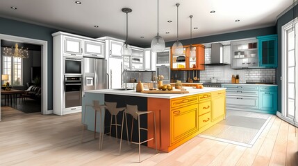 Vivid 3D Rendered Kitchen: Bridging Architectural Design Blueprints with Realistic Illustrations for Interior Inspiration