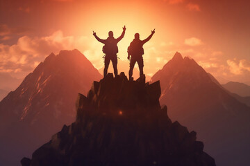 Silhouette of the team on top of mountain. Leadership Concept, sunset in the mountains, AI generate