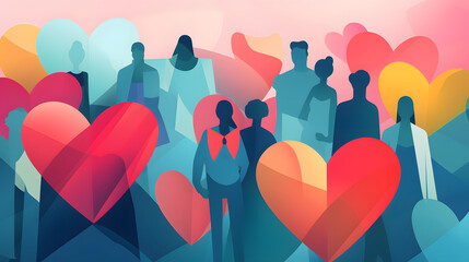 Charity illustration concept with abstract, diverse persons, hands and hearts.
