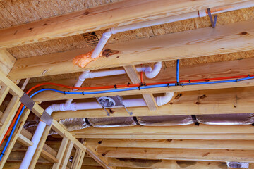 Plumbing system installation with pvc plastic drain pipe and water piping system for new home