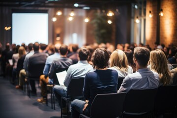 Business and entrepreneurship symposium. Speaker giving a talk at business meeting seminar. Audience in conference hall. Rear view of unrecognized participant in audience, Generative AI