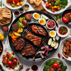 Delicious grilled meats are served on the table with other foods