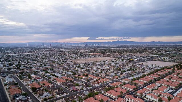 Drone Soars Above Las Vegas Houses in at Morning. Drone Adventures in Las Vegas Neighborhoods. Daytime Life in Las Vegas Neighborhoods