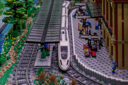 Billund, Denmark - 06 OCTOBER 2022: Interior aerial view and selective focus at lego city and transportation theme collection, inside the exhibition hall inside Lego House.