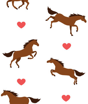 Vector seamless pattern of flat hand drawn horses and hearts isolated on white background