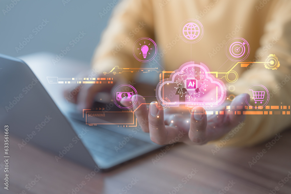 Poster Ai technology, cloud computing. Digital transformation change management, internet of things. Technology big data and business process strategy, Financial management and digital smart industry.
