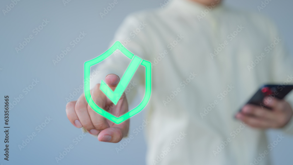Fototapete customer is pressing identity proofing icon for security protection systems on virtual screen. certi