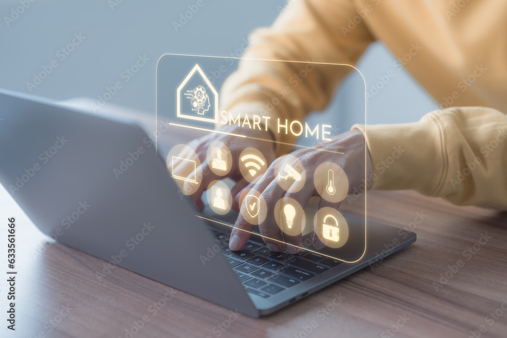 Poster Iot or Internet of Things of smart home automation app concept. Adult man controlling technology AI smart home devices using a laptop computer with launched application in the bed room.