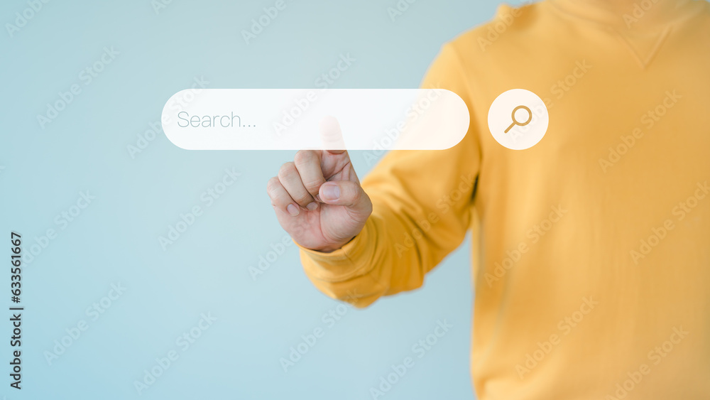 Poster Information Technology SEO Search Engine Optimization. Search button on virtual screen pressed with finger for data and information. Using Search Console with your website. Web search concept.