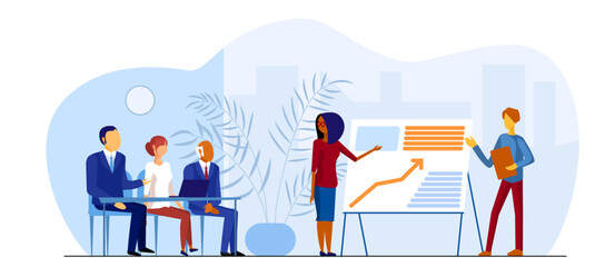 Obraz premium Business meeting flat vector illustration. Office workers presents a report on the work. Teamwork concept. Faceless cartoon characters in the conference room