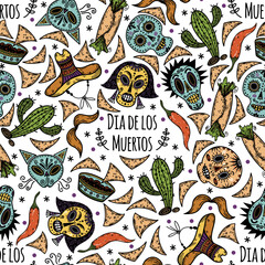 Dia de los Muertos seamless vector pattern. Mexican holiday symbols - sugar skull, cactus, sombrero, burrito, chili, nachos with sauce. Traditional carnival for the Day of the Dead. Cartoon background