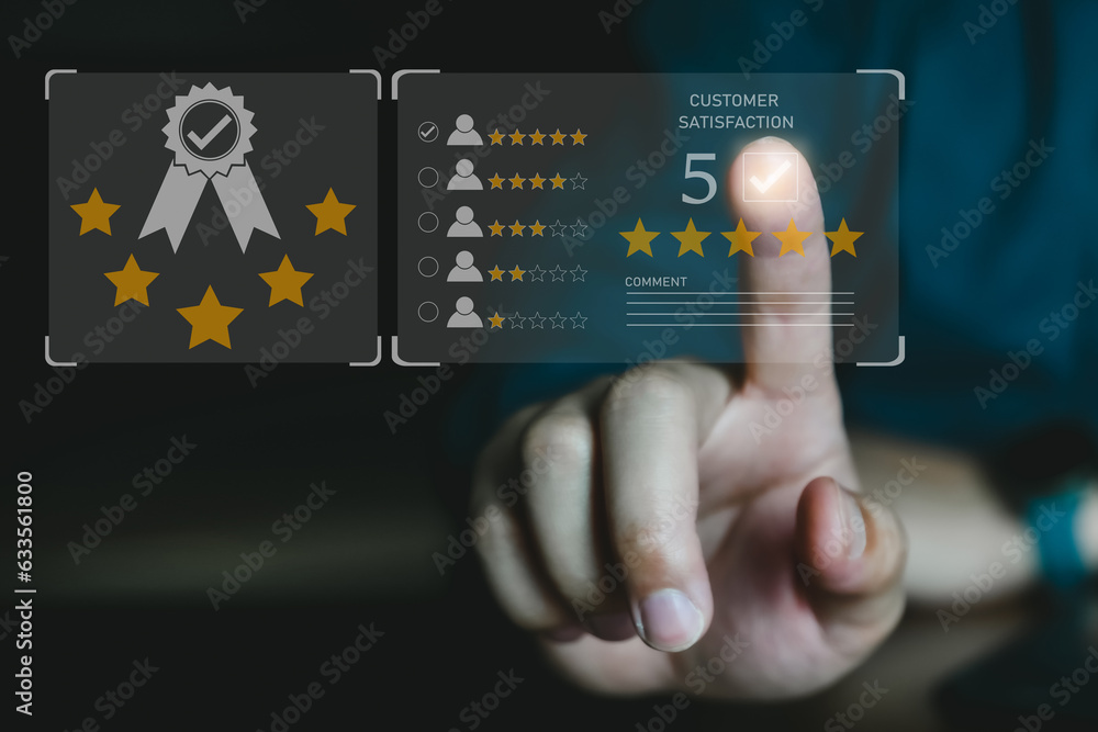 Poster customer review good rating concept, hand pressing five star rating icon on visual screen for positi