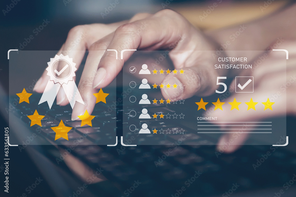 Poster customer review good rating concept, hand pressing keyboard and popup five star icon on visual scree