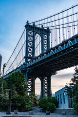 manhattan bridge in new york. architecture of historic bridge in manhattan. bridge connecting Lower Manhattan at Canal Street with Downtown Brooklyn. new york urban architecture. route to Manhattan