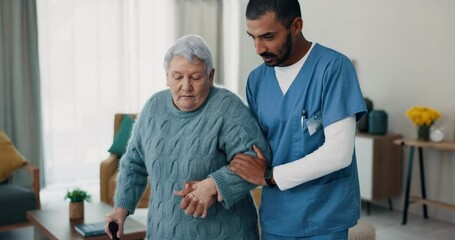 Senior woman, nurse and walking stick for support at a nursing home in retirement. Elderly female patient with a disability and caregiver man for rehabilitation, healthcare or homecare and help - Powered by Adobe