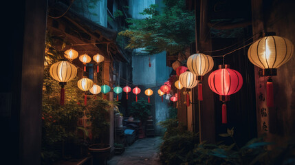Fototapeta premium Paper lanterns on the streets of old Asian town