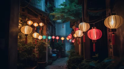 Fototapeten Paper lanterns on the streets of old Asian town © LightoLife