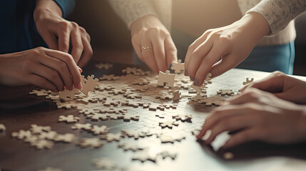 people helping in assembling puzzle cooperation in teamwork office