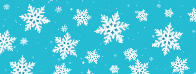 abstract winter christmas background of levitating snowflakes on light blue background, banner festive design created with generative ai technology