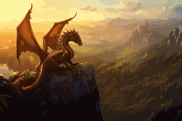  A majestic dragon perched on a cliff overlooking a misty valley, medium: digital painting, style: reminiscent of classic fantasy illustrations, lighting: soft dawn light with shadows, colors: earthy 