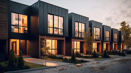 Fototapeta na wymiar Modern modular private black townhouses. Residential architecture exterior. Created with generative Ai