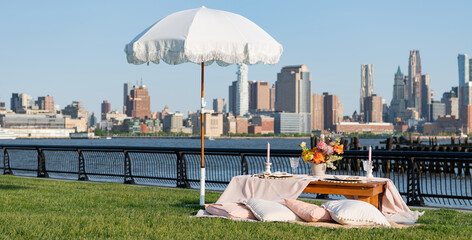 luxury picnic dinner. summer outdoor romance. romantic picnic in summer. summer picnic in the...