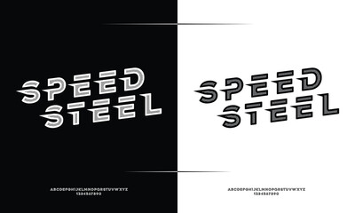 Speed steel font design, alphabet and numbers, vector illustration