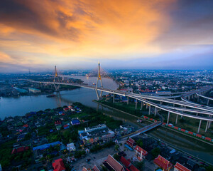 aerial view of bhumibol bridge crossing chaopraya river one of famous bangkok landmark