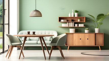 Chairs at round wooden dining table in room with sofa and cabinet near green wall. Scandinavian, mid-century home interior design of modern living room. , Generated ai