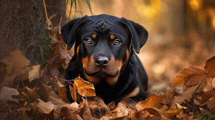 Rottweiler puppy in autumn leaves