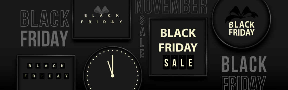 Black Friday Sale design with Frame square and Time clock on black wall background. Horizontal design.Vector illustration.
