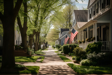 Neighborhood. USA flag waving on a quiet main street with american dream houses, neural network generated photorealistic image - Powered by Adobe