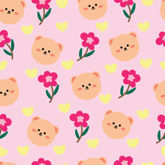 seamless pattern cartoon bear and pink flower, cute animal wallpaper for textile , gift wrap paper