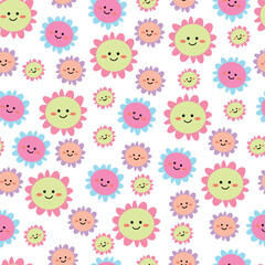 Cute flowers pattern, smile sunny face cartoon seamless background, vector illustration, wallpaper, textiles, bag, garment, fashion design