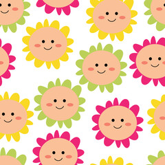 Cute flowers pattern, smile sunny face cartoon seamless background, vector illustration, wallpaper, textiles, bag, garment, fashion design