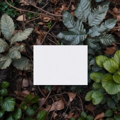 Blank business card on green leaves background. Generative AI