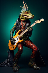 In the style of a fashion shoot, a photo of an anthropomorphic lizard on bass guitar
