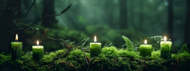 Burning candles on moss, dark green blurred the natural background. Magic candle. Generative AI