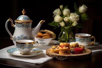 Classical served tea table with biscuits. Generative AI