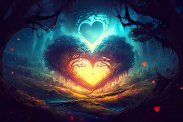 Obraz na płótnie Canvas Colorful fantasy heart, light beam, green forest field. Generative AI