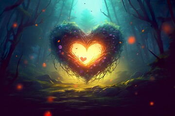 Colorful fantasy heart, light beam, green forest field. Generative AI