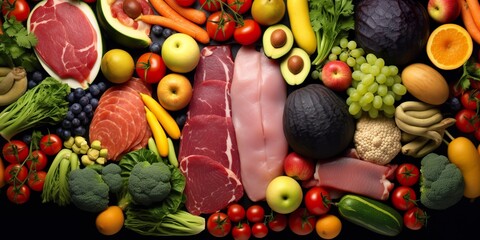 Different types of meats, vegetables, and fruits lay in supermarkets. - obrazy, fototapety, plakaty