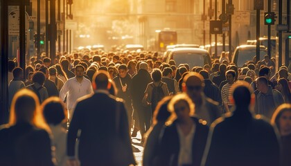 Crowd of people walking busy city street backlit. 
