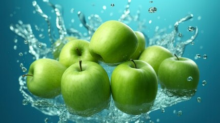 Fresh green apples fall into the water with a splash on blue background. 